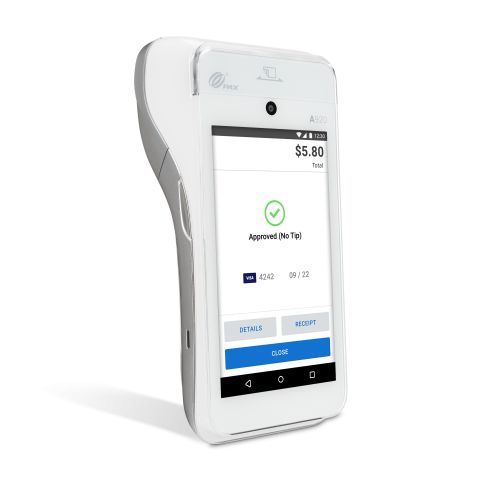 A SwipeSimple A920 payment terminal shows "Approved (No Tip)" for a transaction.