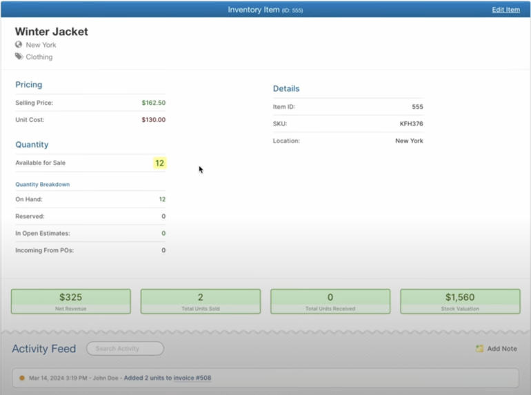 An inventory item details page in SalesBinder displays the following information: item name, location, category, pricing, quantity breakdown, ID, SKU, net revenue, total units sold and received and stock valuation.