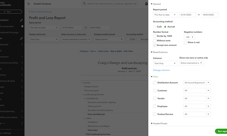 Profit and loss report customization options