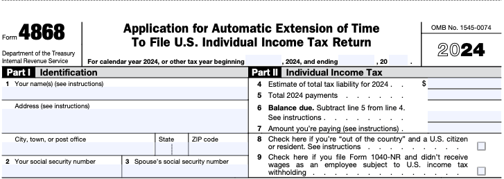Close-up of Form 4868 — a request for a tax extension — for the 2024 tax year.