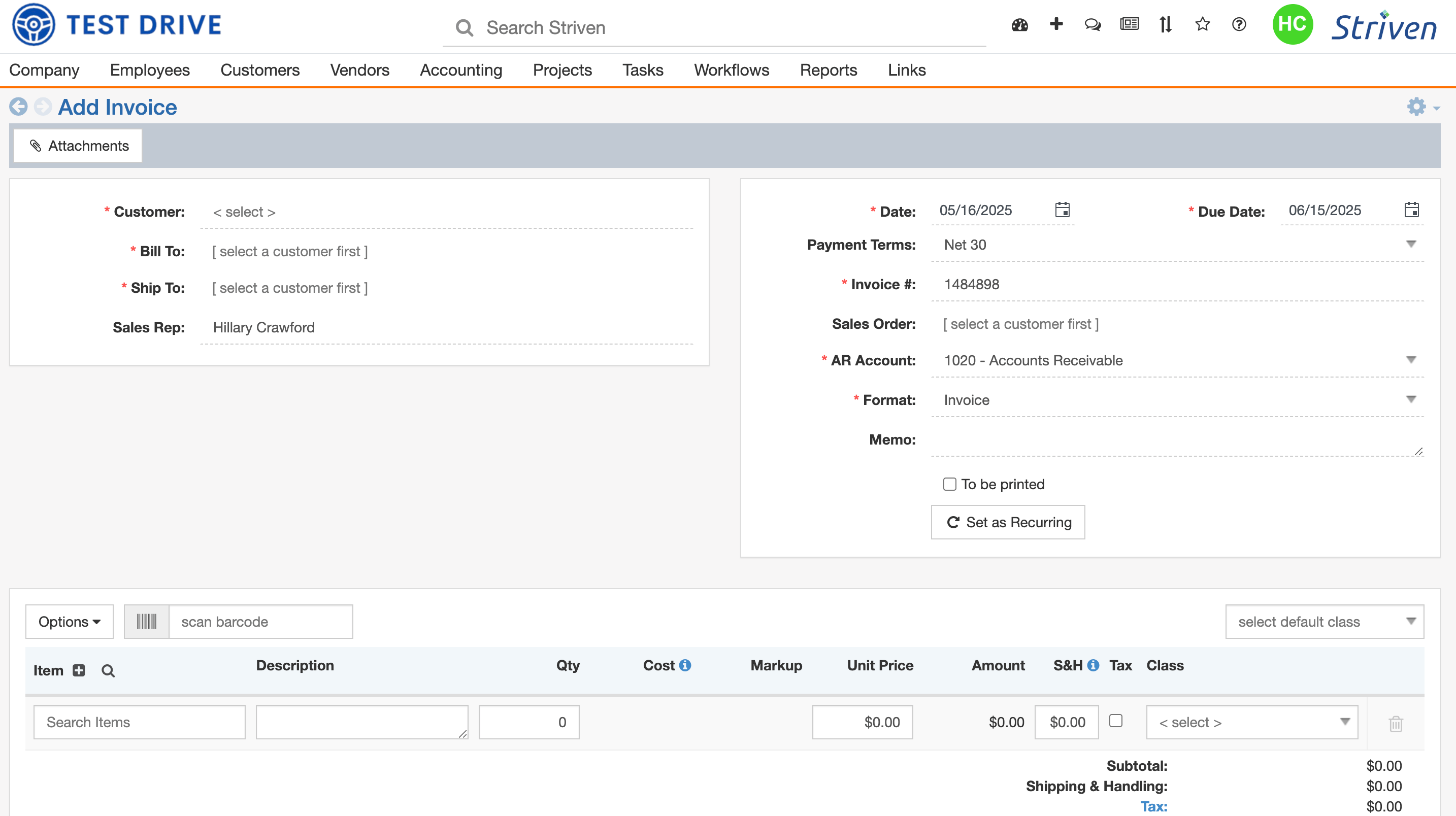Striven's invoicing page. 