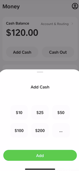 Loading money on Cash App looks like this. Tap the Money tab in the app’s home screen, tap “Add Cash” and input how much cash you’d like to add from your linked account.
